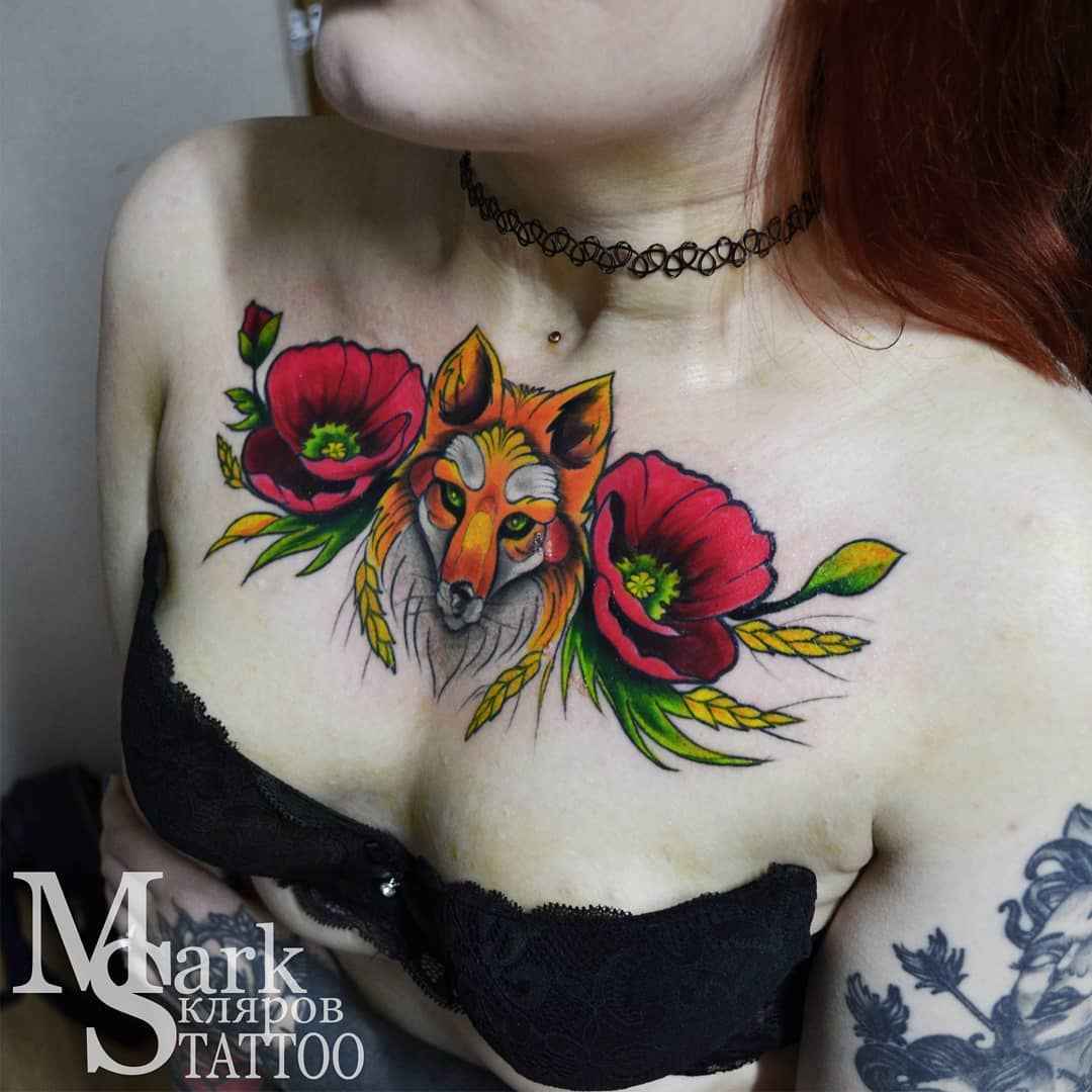 Женские татуировки на груди 2019 животные_5