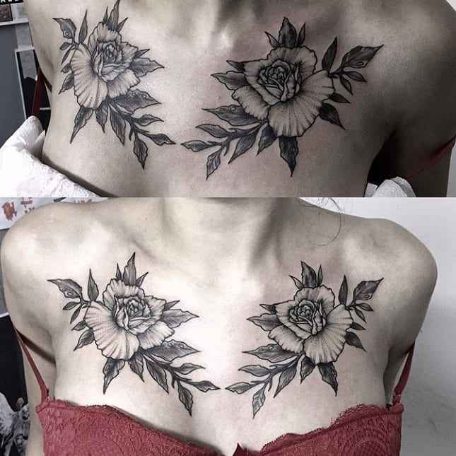 Женские татуировки на груди цветы_16